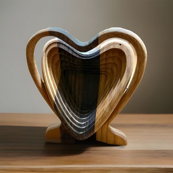 Vintage Mid-Century Accordion Wood Heart Shaped Folding Fruit Basket Trivet Bowl - Picture 8 of 8